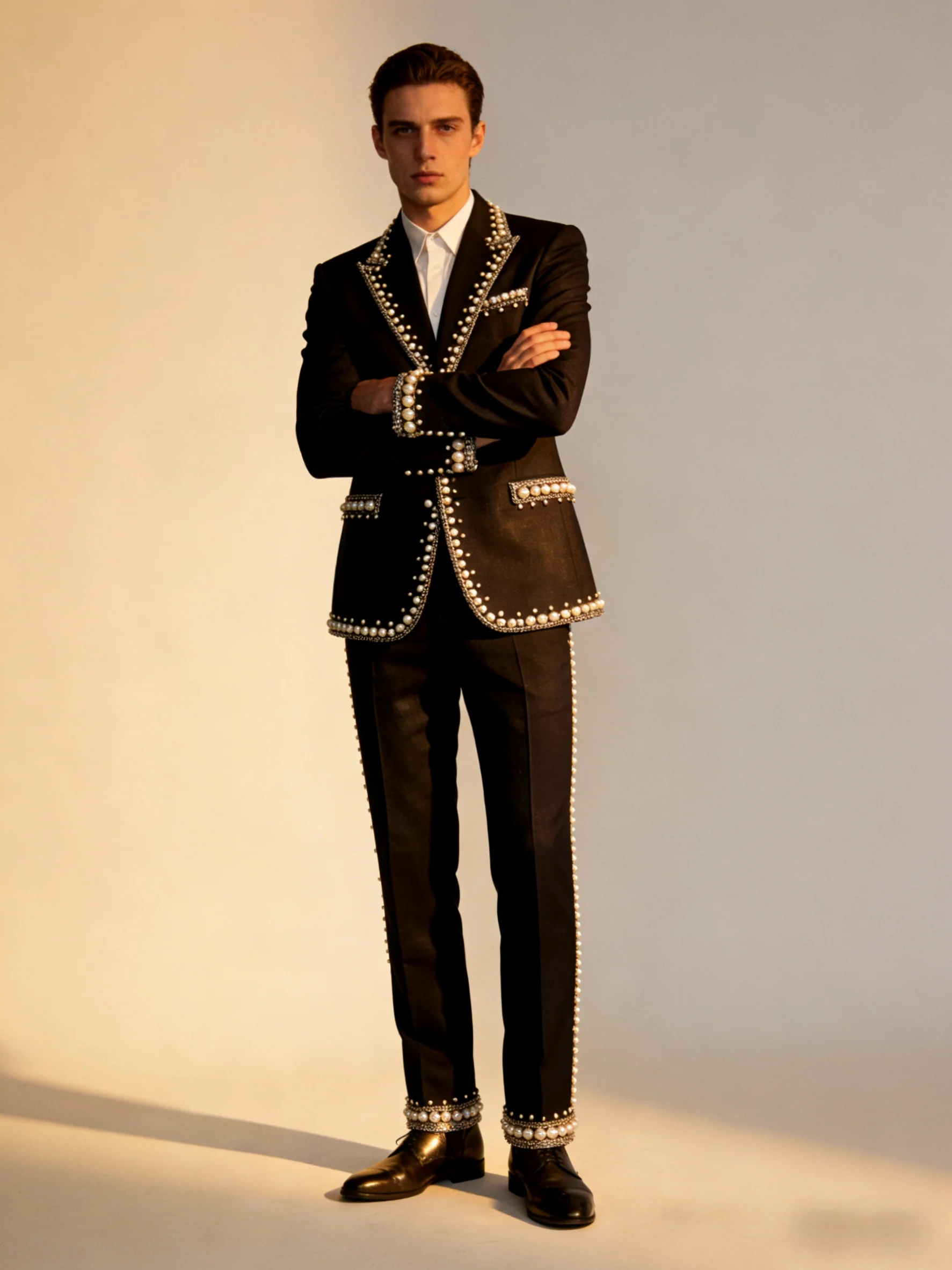 

Spring Men Suits Set 2 Pcs Blazer+Pants Trousers Black Luxury Pearls Wedding Tuxedo Formal Office Business Groom Jacket Coat