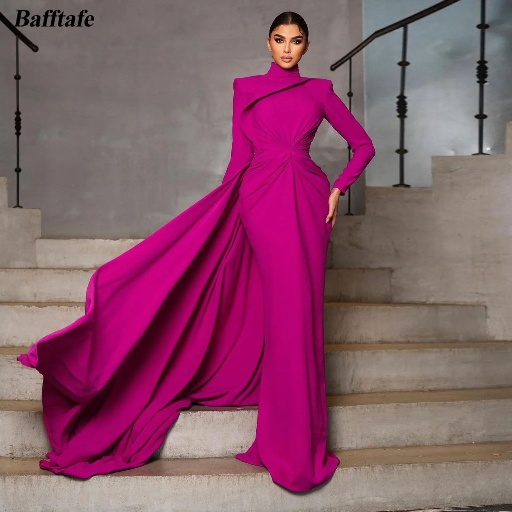 

Bafftafe Modest Muslim Mermaid Evening Dresses Women Party Dress High Neck Long Sleeves Arabic Formal Prom Gowns Long Train