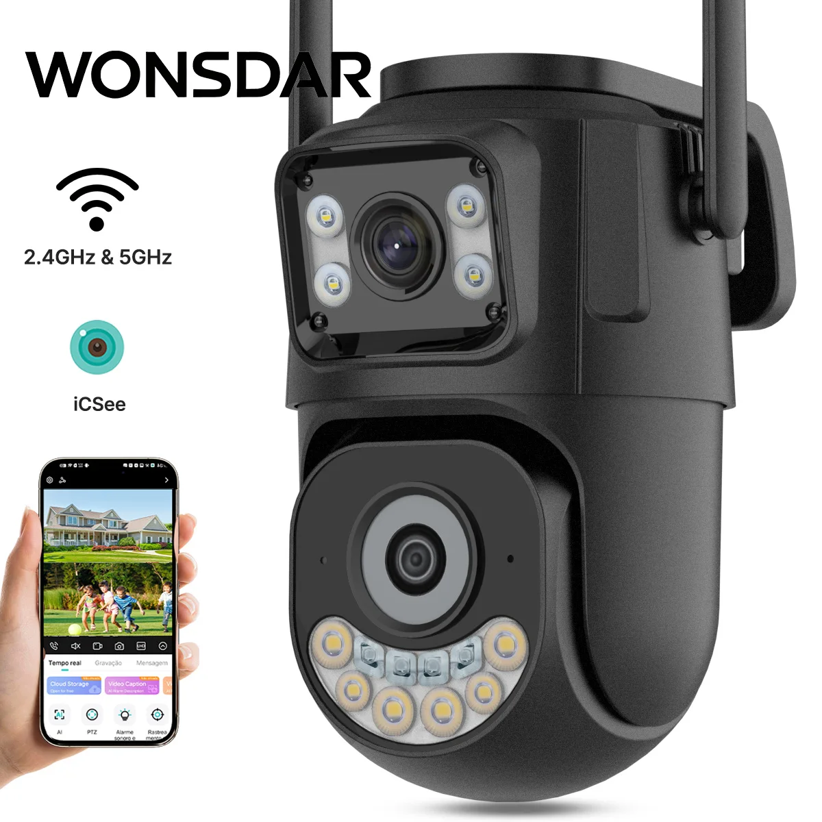 

IP-камера WONSDAR iCSee с Wi-Fi 2,4 ГГц и 5 ГГц, уличная камера видеонаблюдения, защита от несанкционированного доступа, PTZ-камера, автоматическое отслеживание, сигнализация