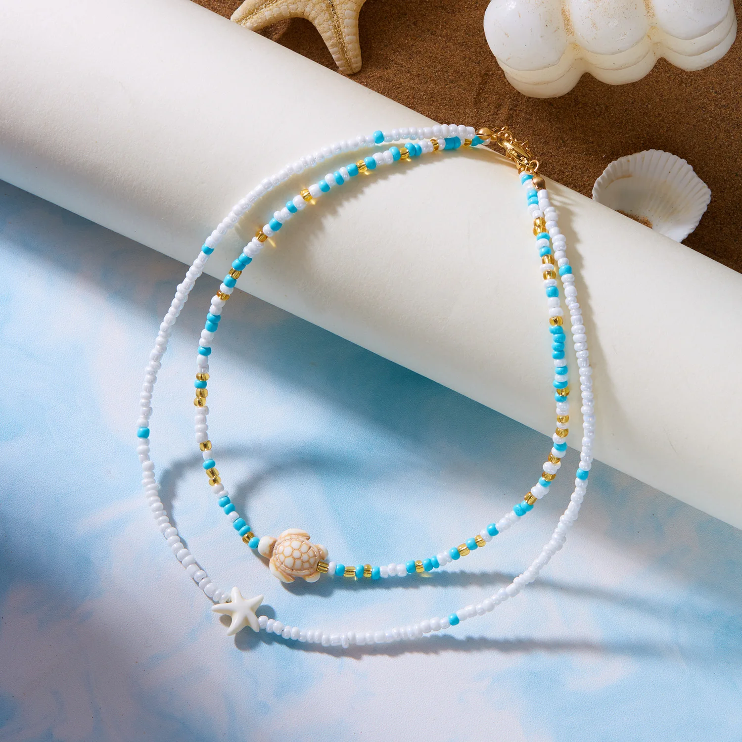 Bohemian Doppel Reis Perle Kette Schlüsselbein Halskette für Frauen Acryl Schildkröte Seestern Anhänger Halsband Sommer Strand Mode Schmuck – Detail 17