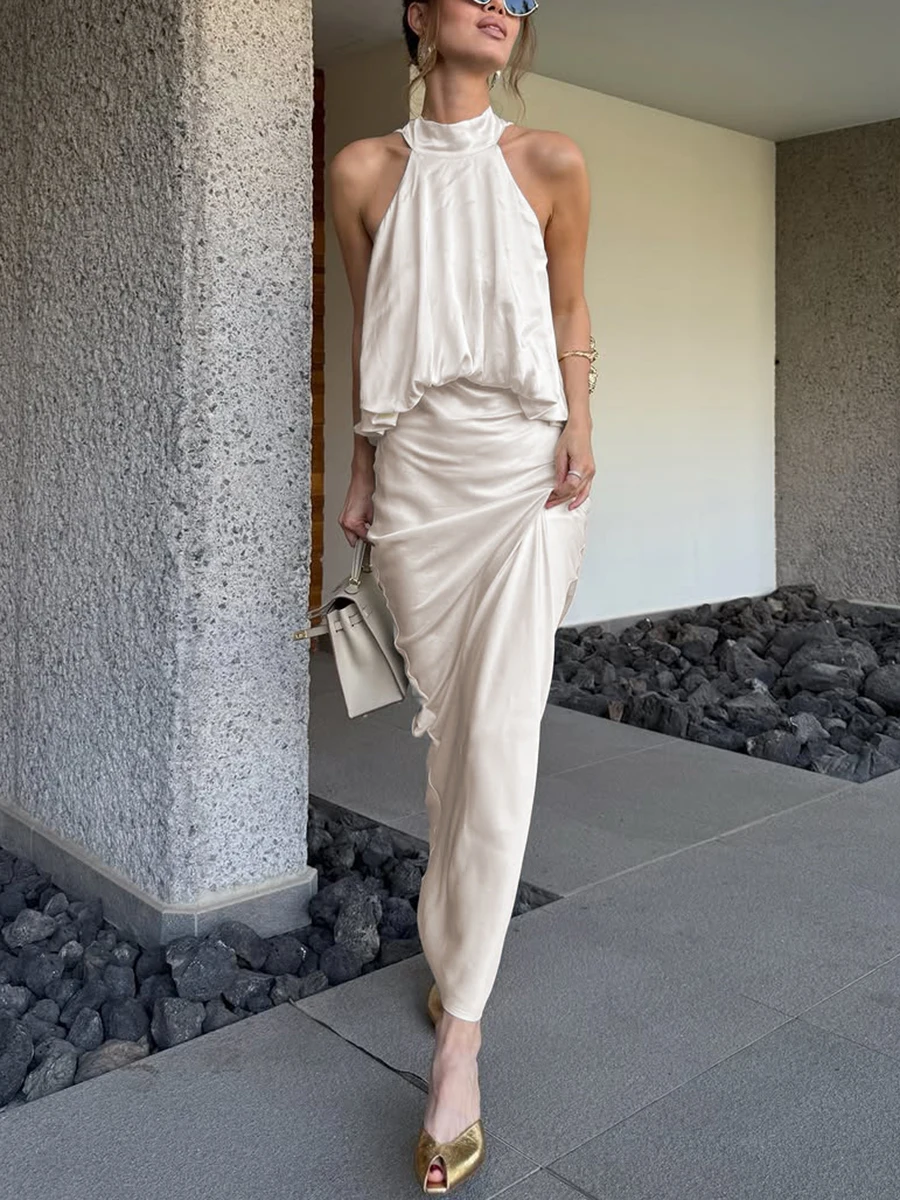 TWOTWINSTYLE Apricot Loose Spliced Folds Dresses for Women Halter Sleeveless Commute Intellectual Dress Female Summer Fashion