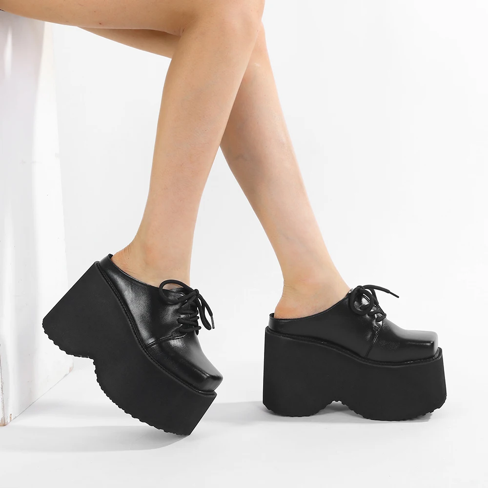 

Gdgydh Solid Black Platform Mules for Women Square Toe Oxfords with Non-Slip Rubber Sole Wedge Heels Chunky Shoes Slingback