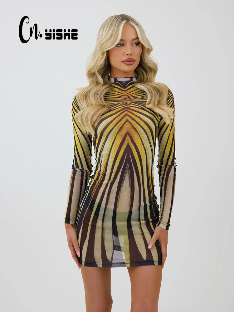 

CNYISHE Striped Prints Sheer High Collar Fashion Skinny Women Dresses Long Sleeve Sexy Club Female Hip Wrap Fitness Bodycon Robe