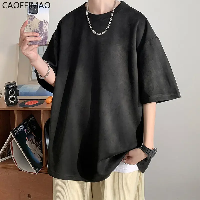 Men's Suede Short Sleeve T-shirt Vintage Loose T-shirts Women Casual Oversized T Shirt O Neck Retro Harajuku Tops Tees New 2025