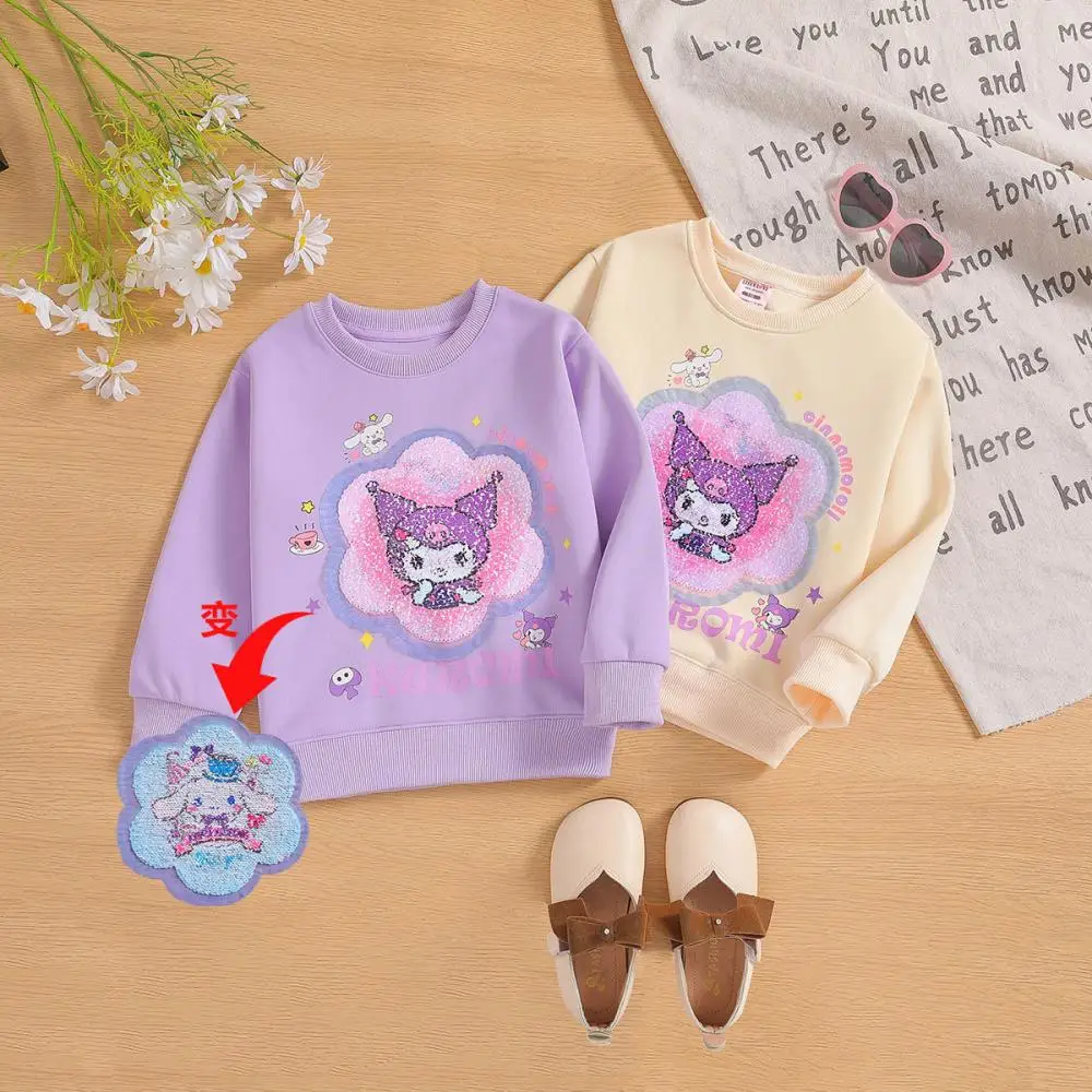 New Sanrio Spring Autumn Children Long Sleeve Kuromi Change Face Casual Sweatshirt Cartoon Girls Sweater Kawaii Bottoming Shirt