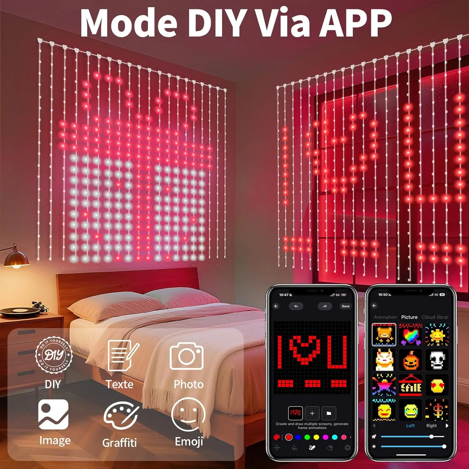 أضواء ستارة عيد الميلاد التطبيق الذكي التي تسيطر عليها بنفسك نمط النص الرسوم المتحركة LED جارلاند RGB سلسلة أضواء غرفة الزفاف ديكور عيد الميلاد