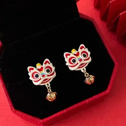 Chinese Style 2024 Red Little Lion Bell Pendant Earrings for Women The Year of The Dragon Gift New Year Festive Jewelry Gifts