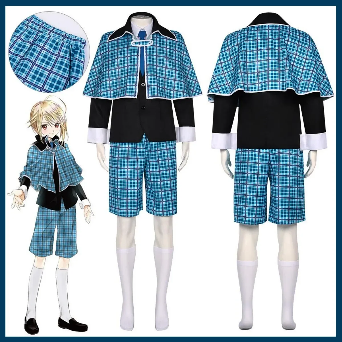 Anime Shugo Chara Hotori Tadase Cosplay Costume King`s Chair Wig Blue Lattice Shawl School Uniform Adult Man Campus Suit