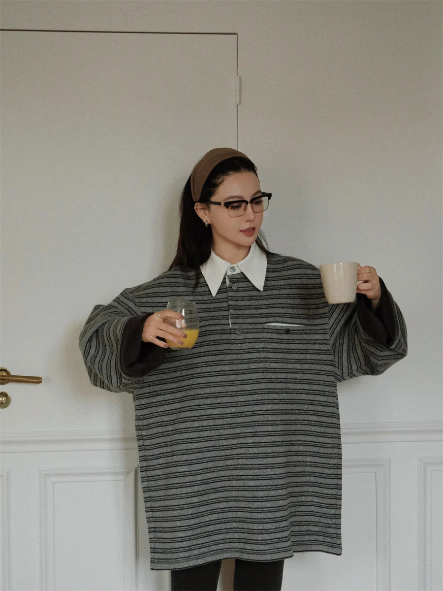 

Modern American Classic Thi Fce Striped Loose Long Sve irt Women's Casual Sle Polyester Blend Winter Wear