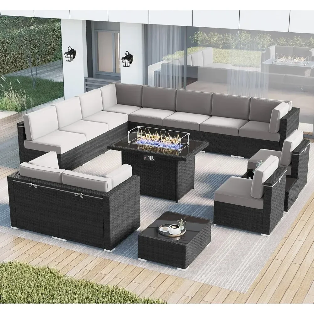 15 Piece Patio Furniture Set with Fire Pit Table, Outdoor Conversation Set Wicker Rattan Sectional Sofa with Coffee Table