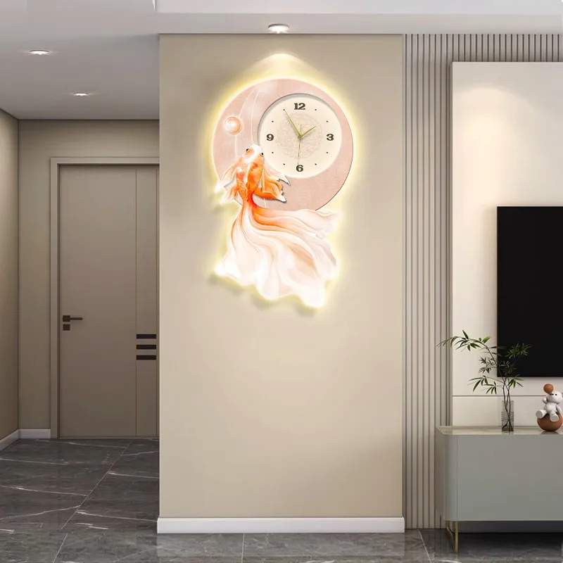 Good luck koi clock, living room clock decoration painting, creative luminous light painting, TV background wall clock wall mura