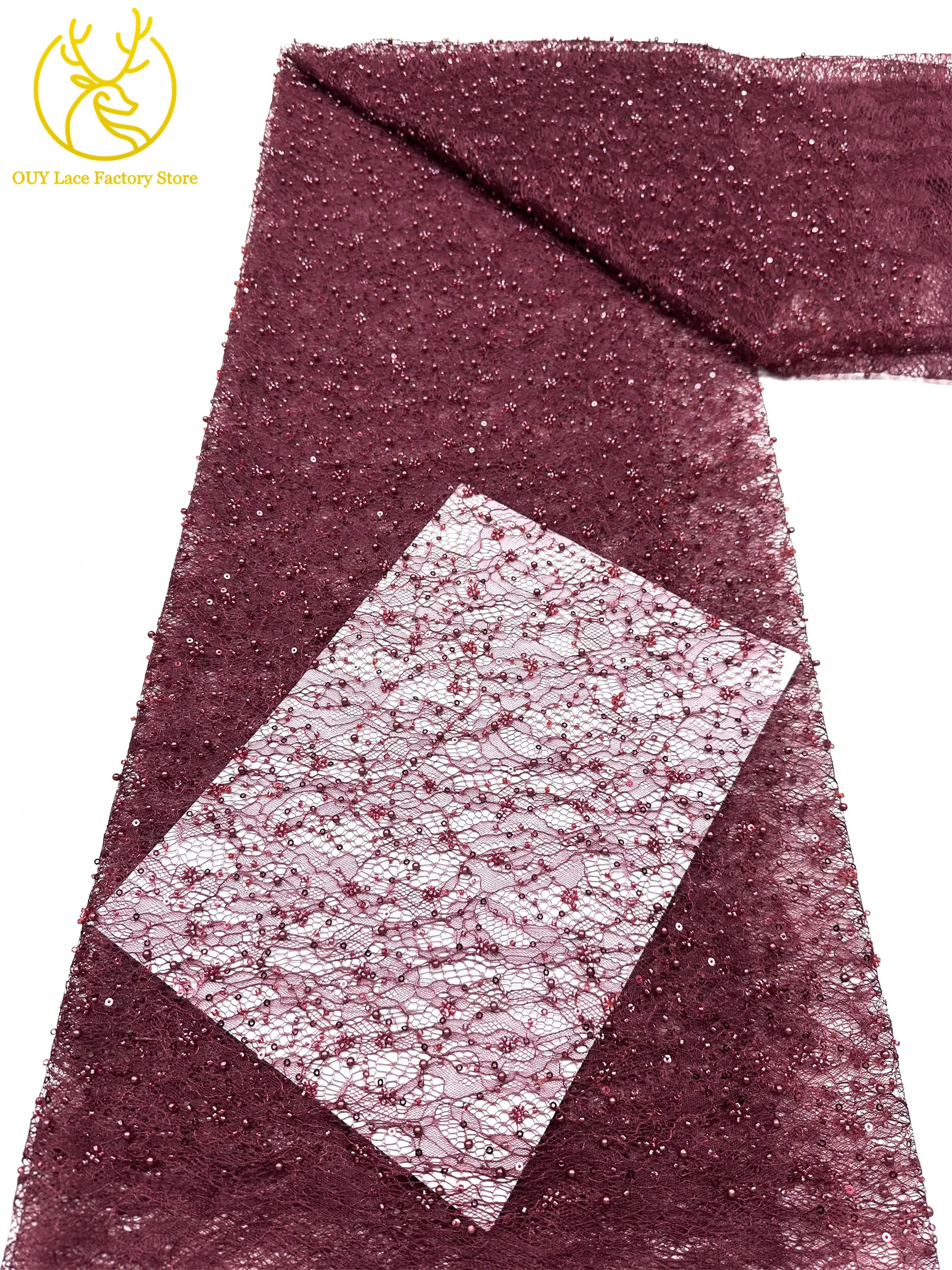 Kaffeebraune französische Tüllspitze mit Pailletten, 5 Yards, hochwertige afrikanische Spitze, nigerianischer Perlenstickerei-Spitzenstoff zum Nähen von Damen-Abendkleidern – Detail 33