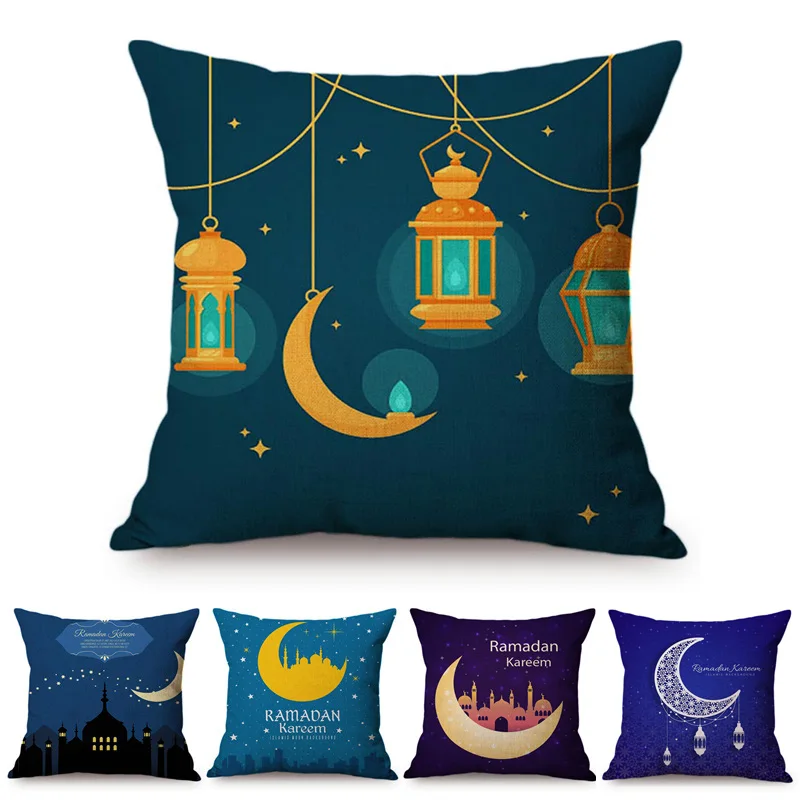 Modern Eid Mubarak Style Cushion Cover Ramadan Kareem Crescent New Moon Stars Lantern Mosque Car Decoration Pillow Case