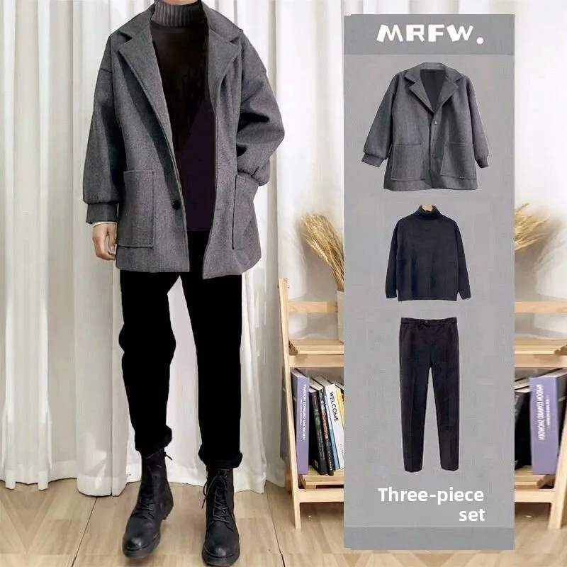 

Утепленный повседневный комплект из двух предметов: модный универсальный костюм (футболка и брюки) для мужчин на осень-зиму в гонконгском стиле