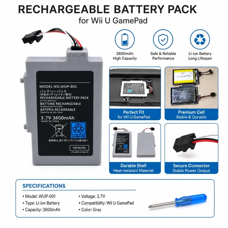 50pcs Factory Wholesale 3600mAh High Capacity Custom Battery for Nintendo Wii U Gamepad Replacement Power Supply