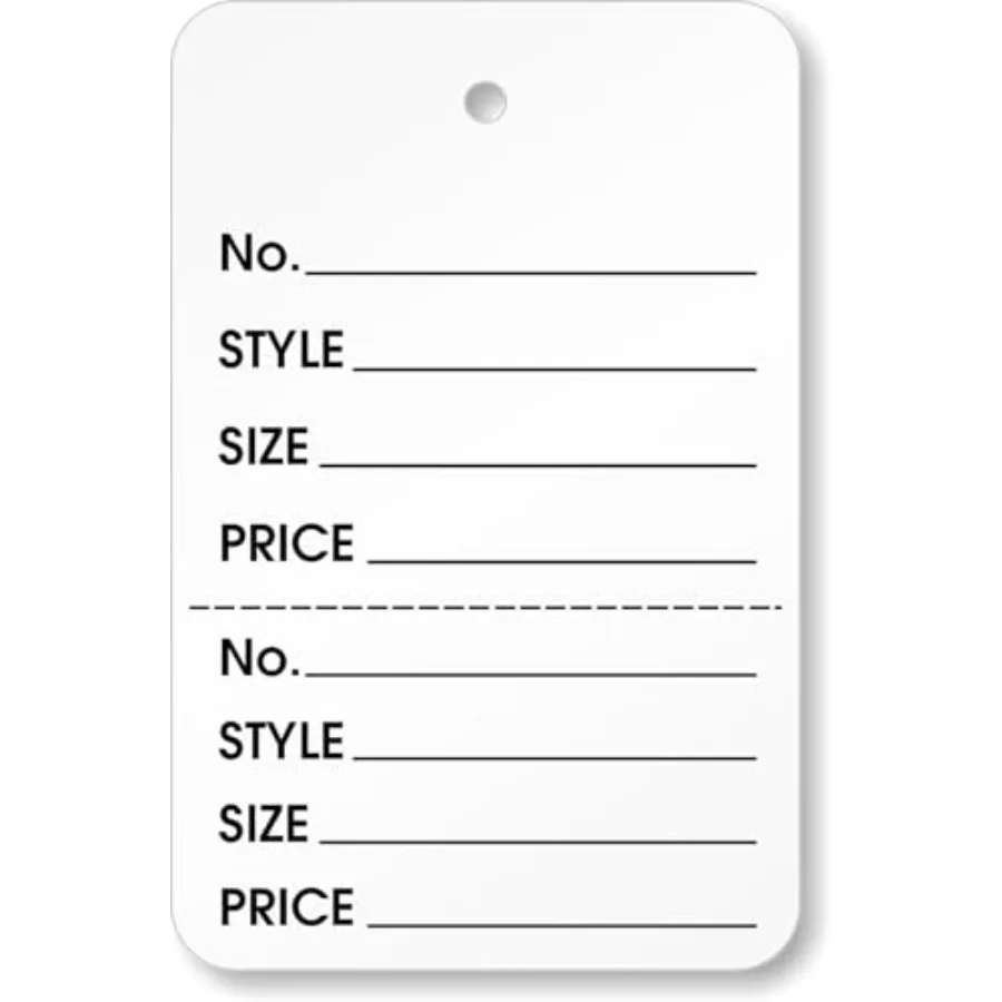 

Перфорированные этикетки для одежды без креплений, предварительно напечатанные, с указанием размера, стиля и цены, 1.25" x 1.875", упаковка 1000 шт., сделано в США