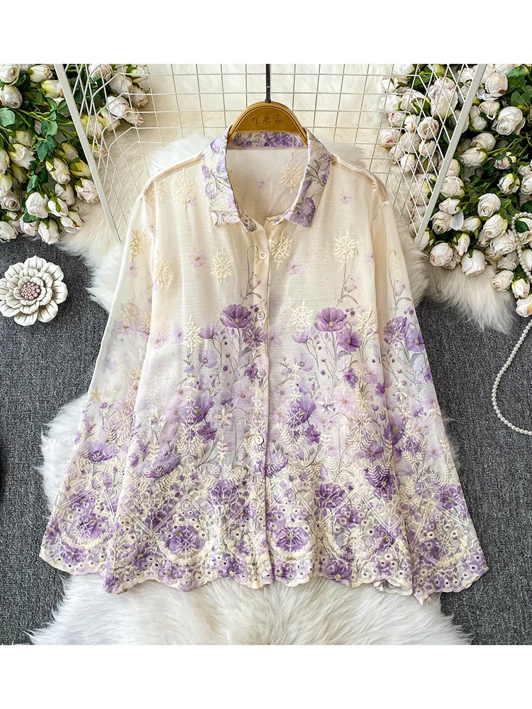 Women's Spring Shirt Korean Version Advanced Embroidery Printed Lapel Long Sleeved Shirt Loose Slimming Shirt Sheer Top BL208
