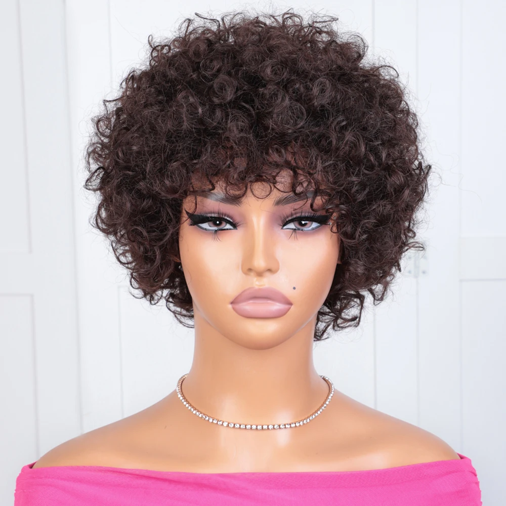 Slanke korte Braziliaanse Afro Kinky krullende pruik Korte menselijke haarpruiken voor zwarte vrouwen 100% echt haarpruiken 4 donkerbruine gekleurde pruik