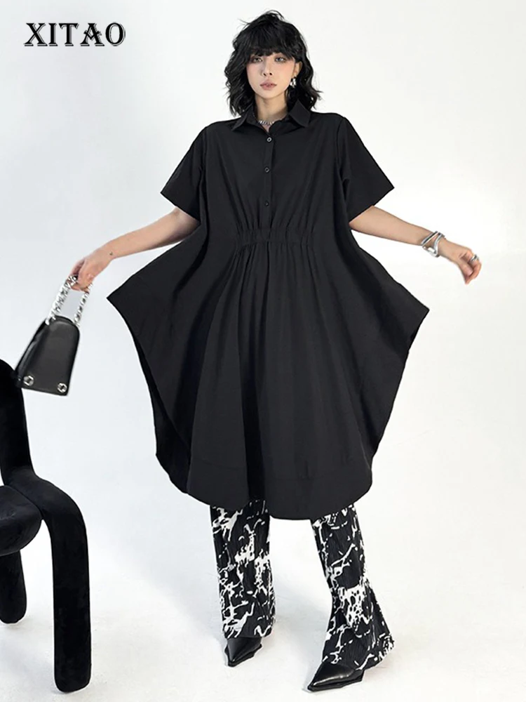

XITAO Asymmetrical Solid Color Patchwork Side Slit Dress Turn-down Collar Loose Casual Simple Slim Summer Woman Dress ZMY1302