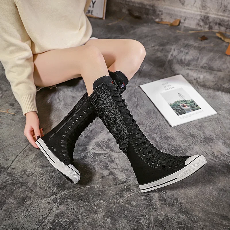 Long Tube Casual Women Shoes Spring  Summer New Lace High Tube Canvas Shoes Trend Short Tube Women Boots All-match Student Shoes