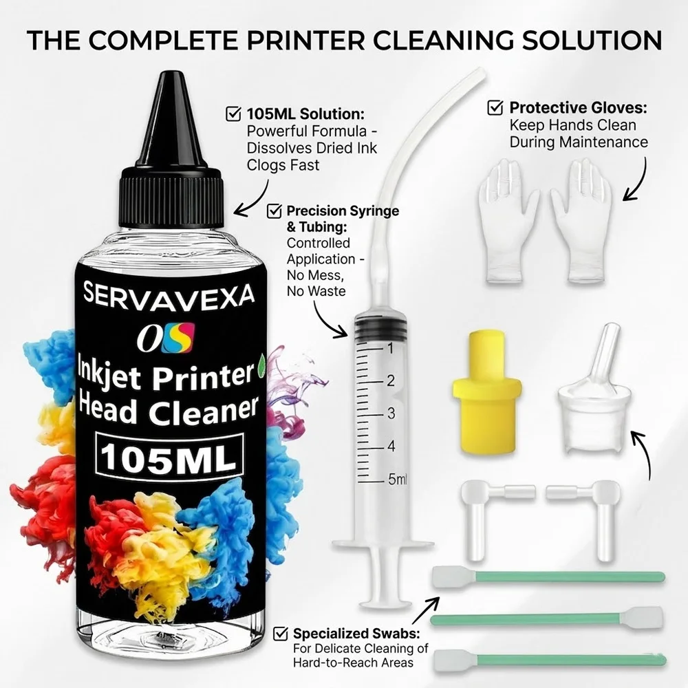SERVAVEXA 105ML Inkjet Printer Head Cleaning Kit - Printhead Cleaner for Epson HP Canon Brother - Unclog Nozzle & Fix Streaks