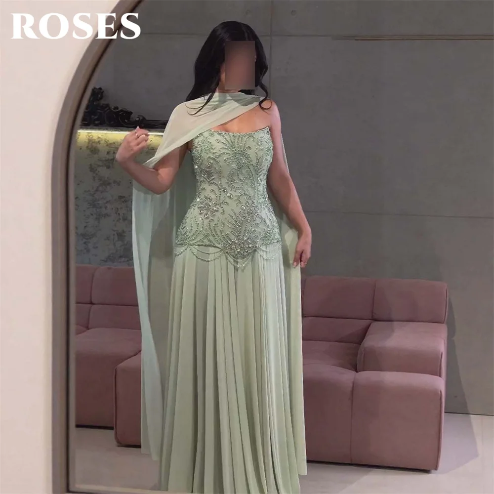 ROSES Sage Green Party Dress Draped Neck Scarf Evening Dress Crystal Beaded فستان سهرة A Line Prom Gowns for Women Customized