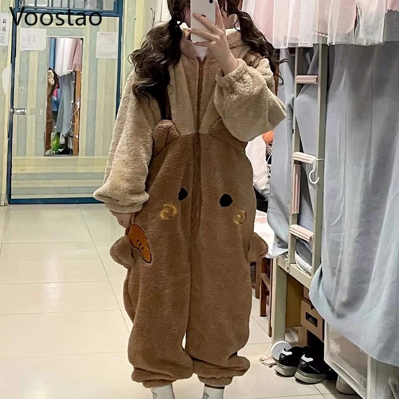 Autumn Winter Women Sweet Carrot Bear Onesies Pajamas Soft Cute Warm Bear Ears Hooded Loungewear Girls Harajuku Loose Pyjamas