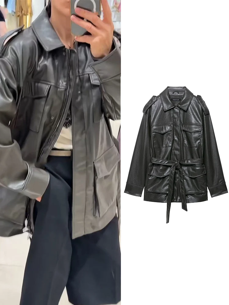 

Осенне-зимние куртки из искусственной кожи для женщин, уличная мода, воротник с лацканами, карманное украшение, пальто с поясом, черная свободная верхняя одежда