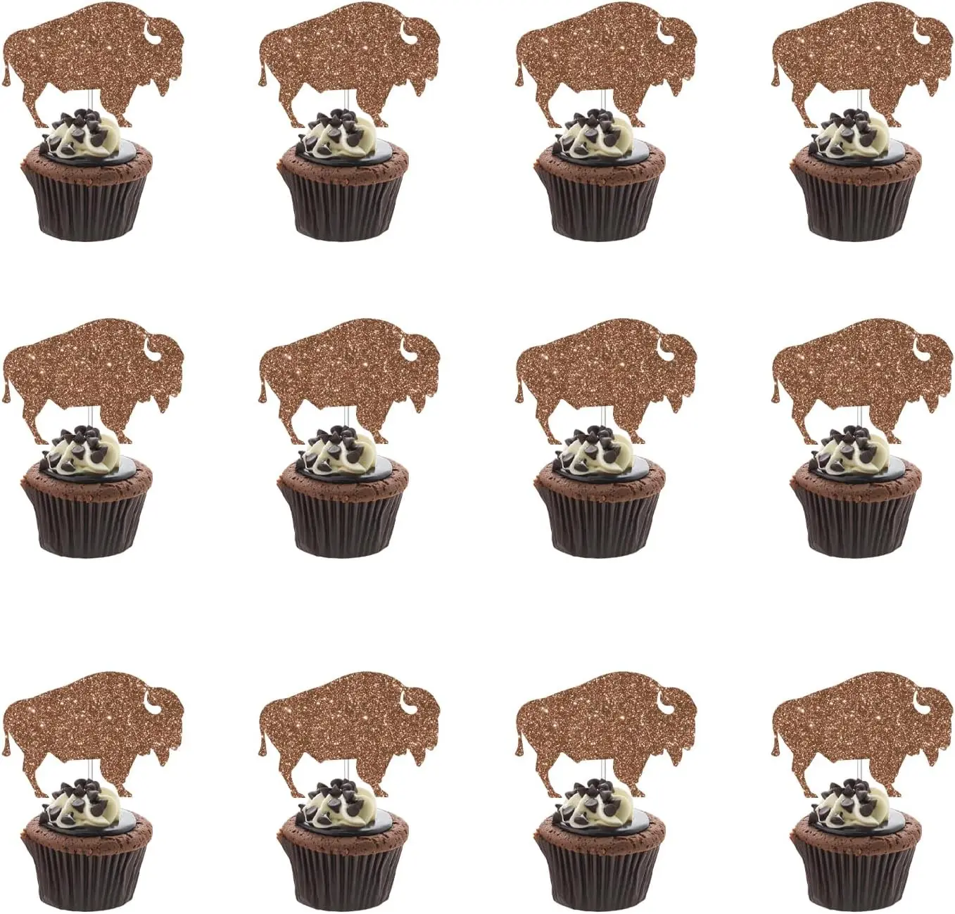 

24Pcs Brown Bison Cake Decor Glitter Western Buffalo Cupcake Topper for Baby Shower Farm Animals Theme Wild West Party Decor