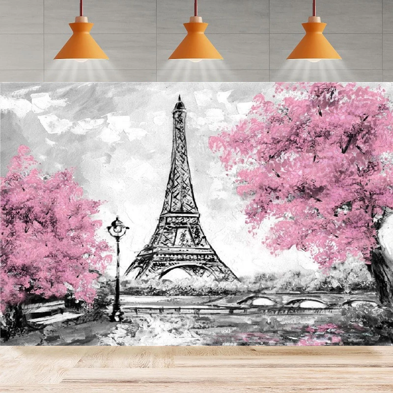 

Paris Eiffel Tower Photography Backdrop For Pink Flowers Trees Lover Wedding Photo Studio Props Background Banner posters