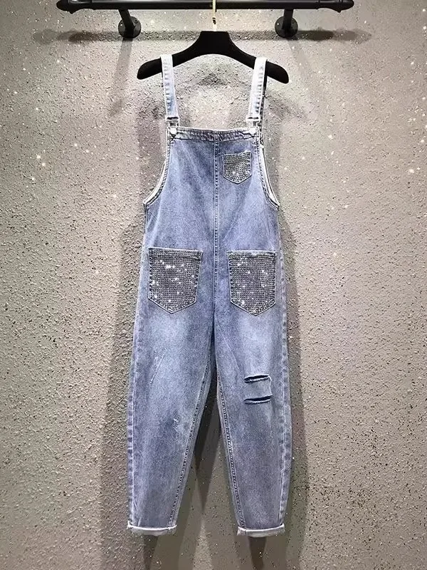 

Spring 2026 Women's Denim Overalls High Waist Blue Jeans Glittering Diamond Loose Fit Nine Points Harem Wide Leg Jumpsuit