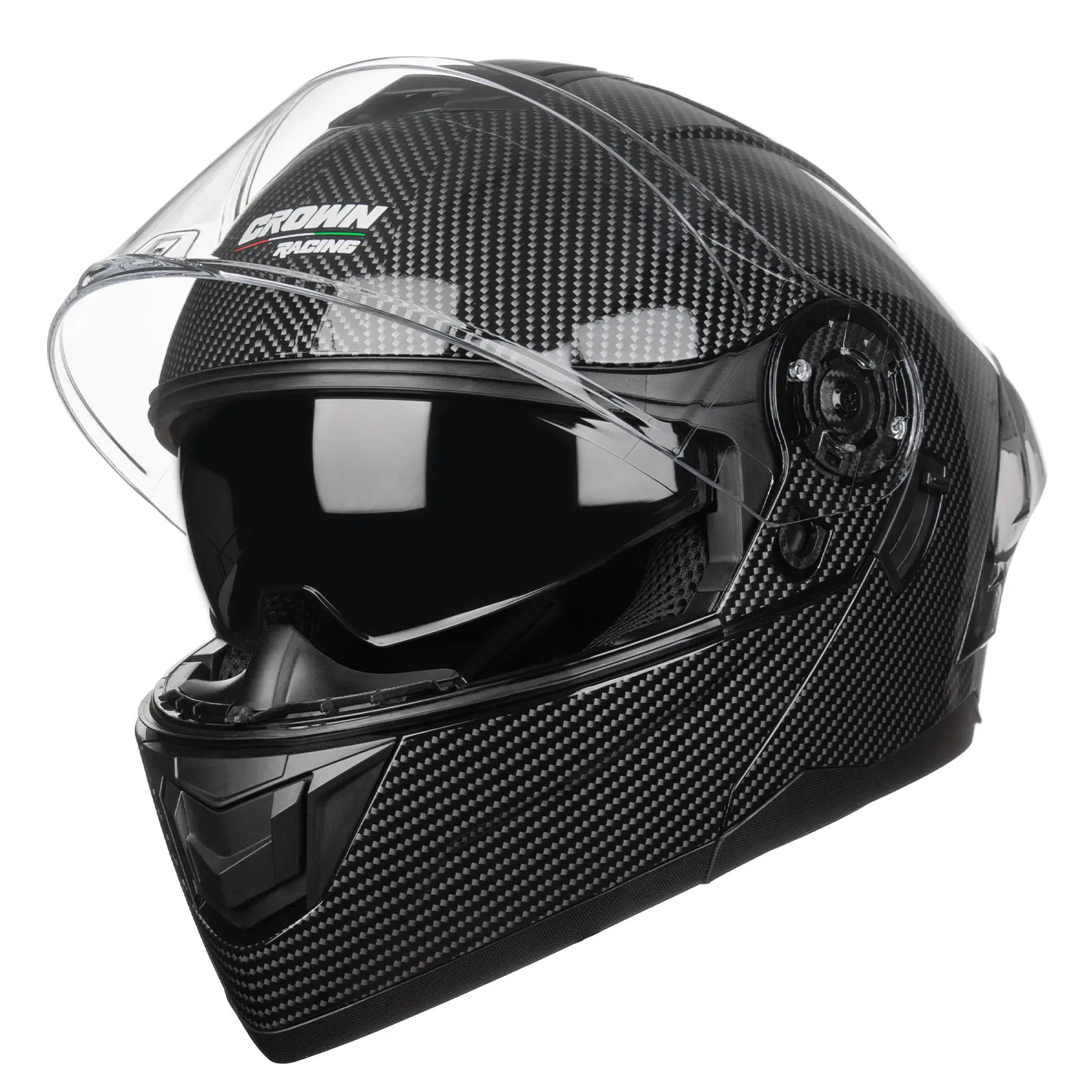 Crown Racing FL900 Modular Motorcycle Helmet, DOT Certified Flip-Up Full Face Helmet with Dual Visor and Extra Clear Shield, Adult Sizes Carbon Fiber Pattern