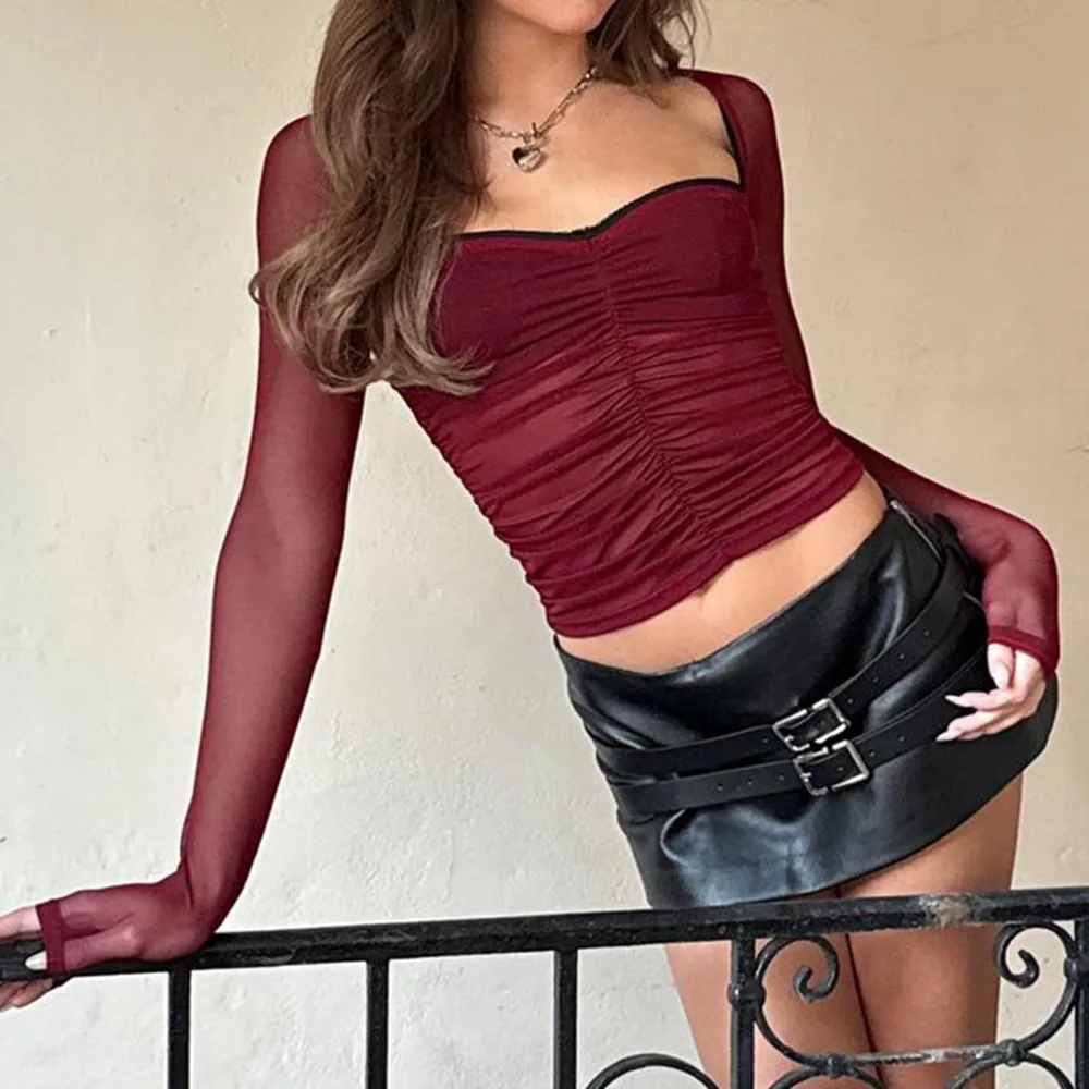 

Женская футболка Street Sle Me Splice Long Sve Slim Fit, однотонный вязаный топ или длина с квадратным воротником, летняя мода