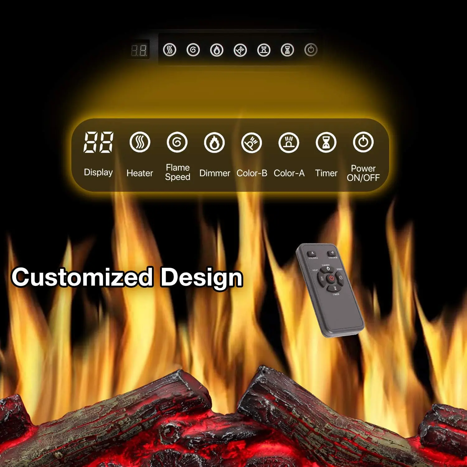 Adjuatble Flame Colors, Log Colors, Flame Speed and Brightness, Remote Control, 750W/1500W