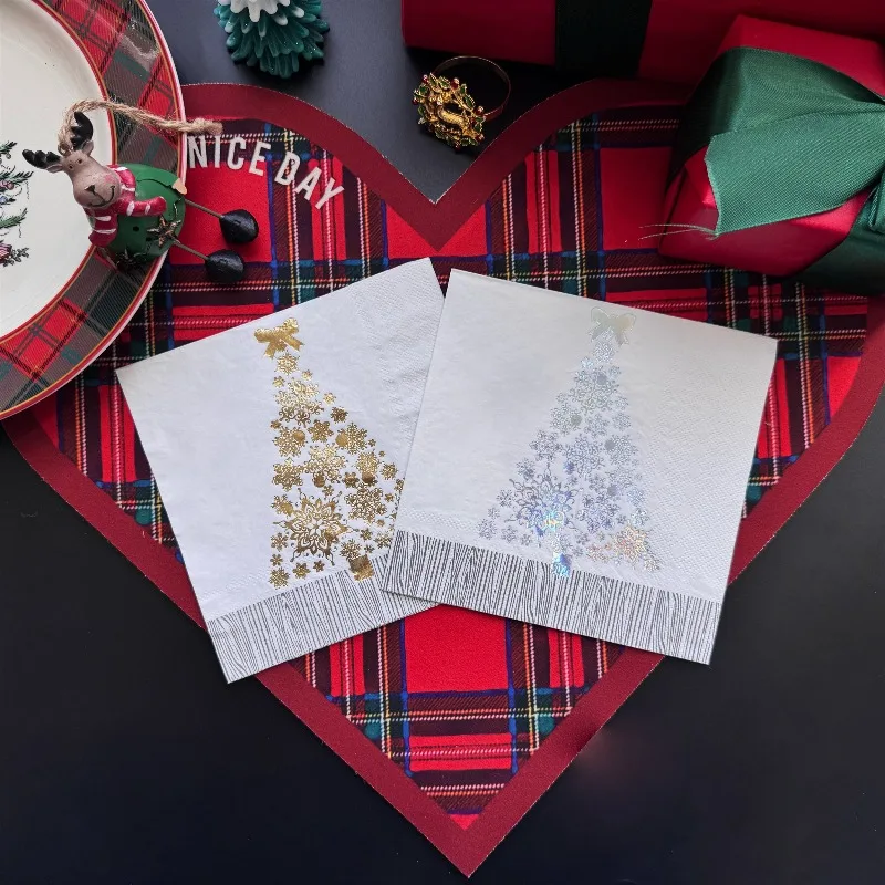 16pcs 33 * 33cm 2Layer Hot Selling Gold Stamping White Christmas Tree Napkins Christmas Disposable Table Mat DIY Decoupage Paper