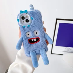 Plush Blue Monster Phone Case for IPhone16 15 14 13 11 12 ProMax Plus Shockproof Furry Warm Fur Anti-drop Protective Back Cover