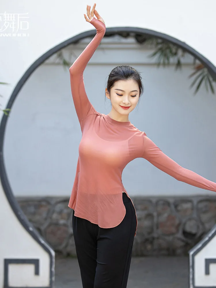 Einfarbiges, langärmliges, tailliertes Mesh-Oberteil für Damen – Elegante klassische Tanz-Performance-Kostümbluse
