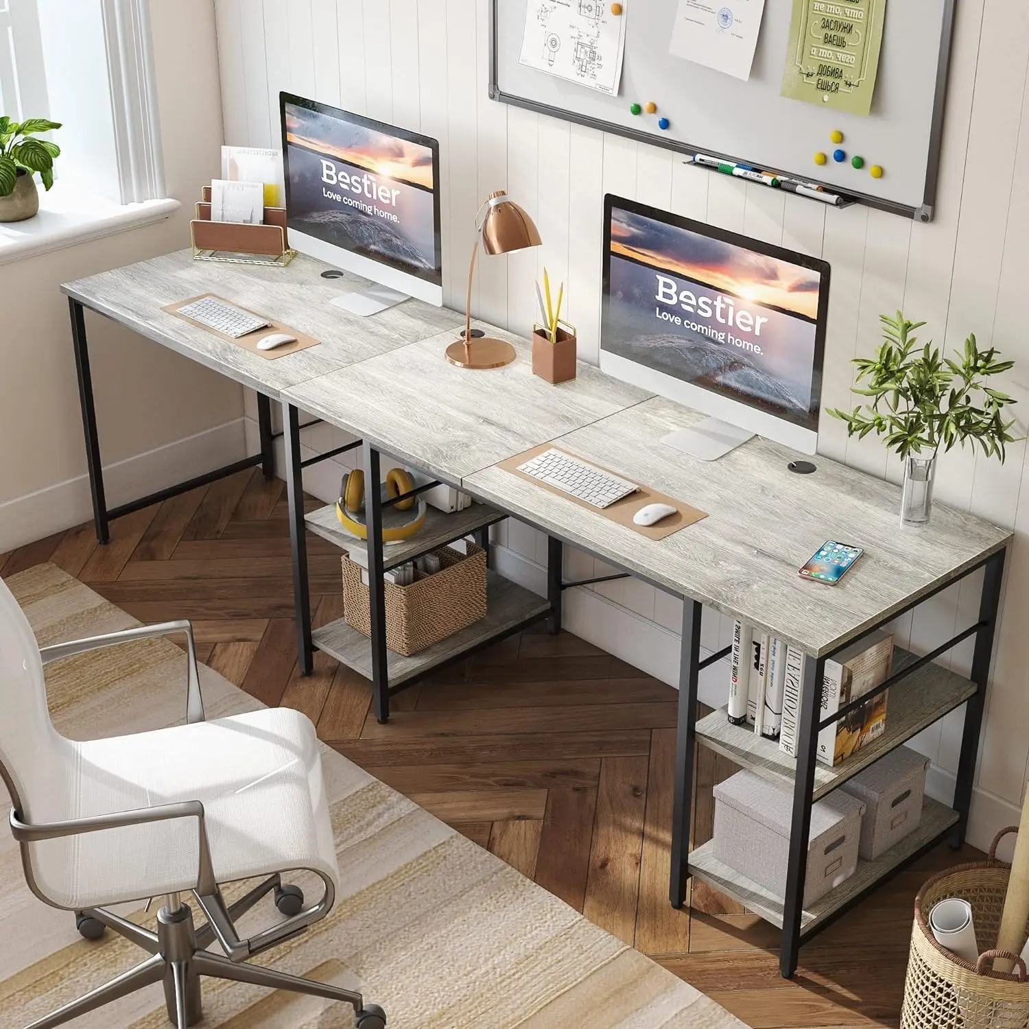 L Shaped Desk, 95.2 Inch Reversible Corner Computer Desk with Shelves, 2 Person Long Table for Home Office