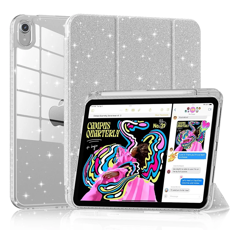 For iPad A19 12th 2026 2025 A16 11th Case with Pencil Holder Glittering Sparkly Cover for iPad 10th Gen 10.9inch Hard Clear Back