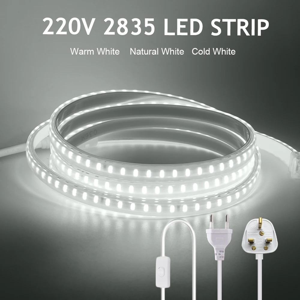 

SMD2835 LED Strip Lights AC220V EU UK Plug Flexible Waterproof Ribbon Diode 120leds/m Outdoor LED Tape Kitchen Garden Lighting