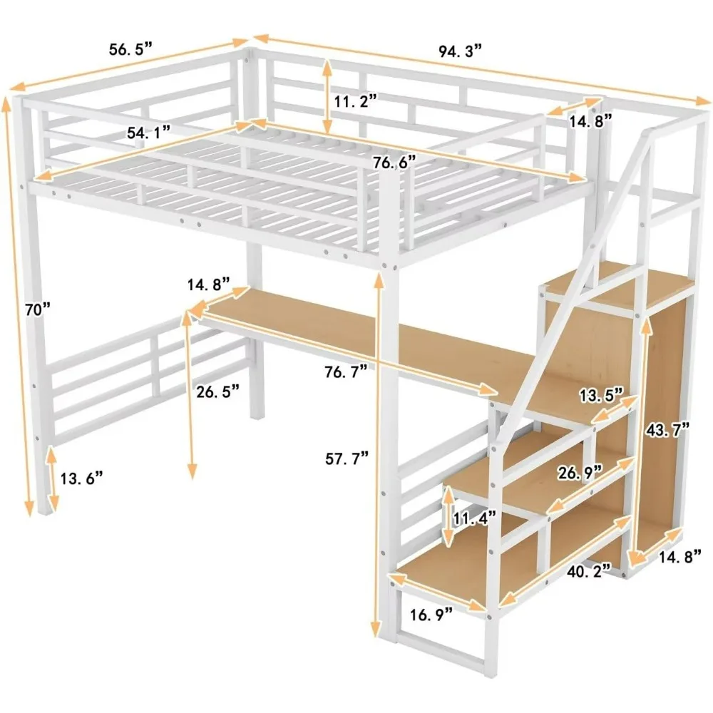 Full Size Loft Bed, Desk & Storage Stairs, Versatile High Loft Bed, No Box Spring Needed, Metal Loft Bed Frame with Wardrobe