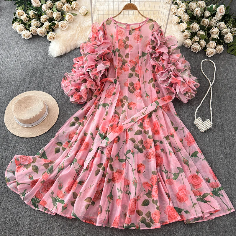 EWQ Fashion Flower Print Belt Dress For Women Round Neck Gathered Waist Long Sleeve Sweet Dresses  2024 Summer New 27X212