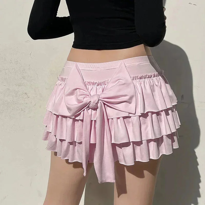 Pink Bow Pleated Mini Skirts Y2k Solid A-line Skirts Kawaii Lolita Ruffle Skirts Sexy Ballet Skirts Casual Short Dress For Women