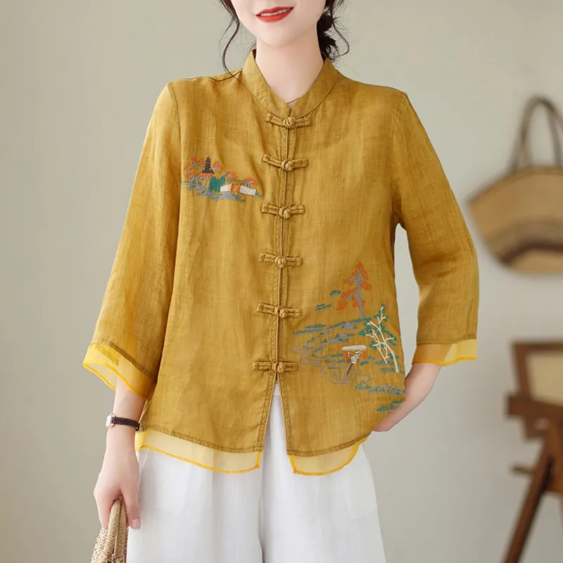 Women Casual Shirt New Arrival 2024 Summer Chinese Style Vintage Embroidery Loose Comfortable Female Basics Tops Shirts B3709