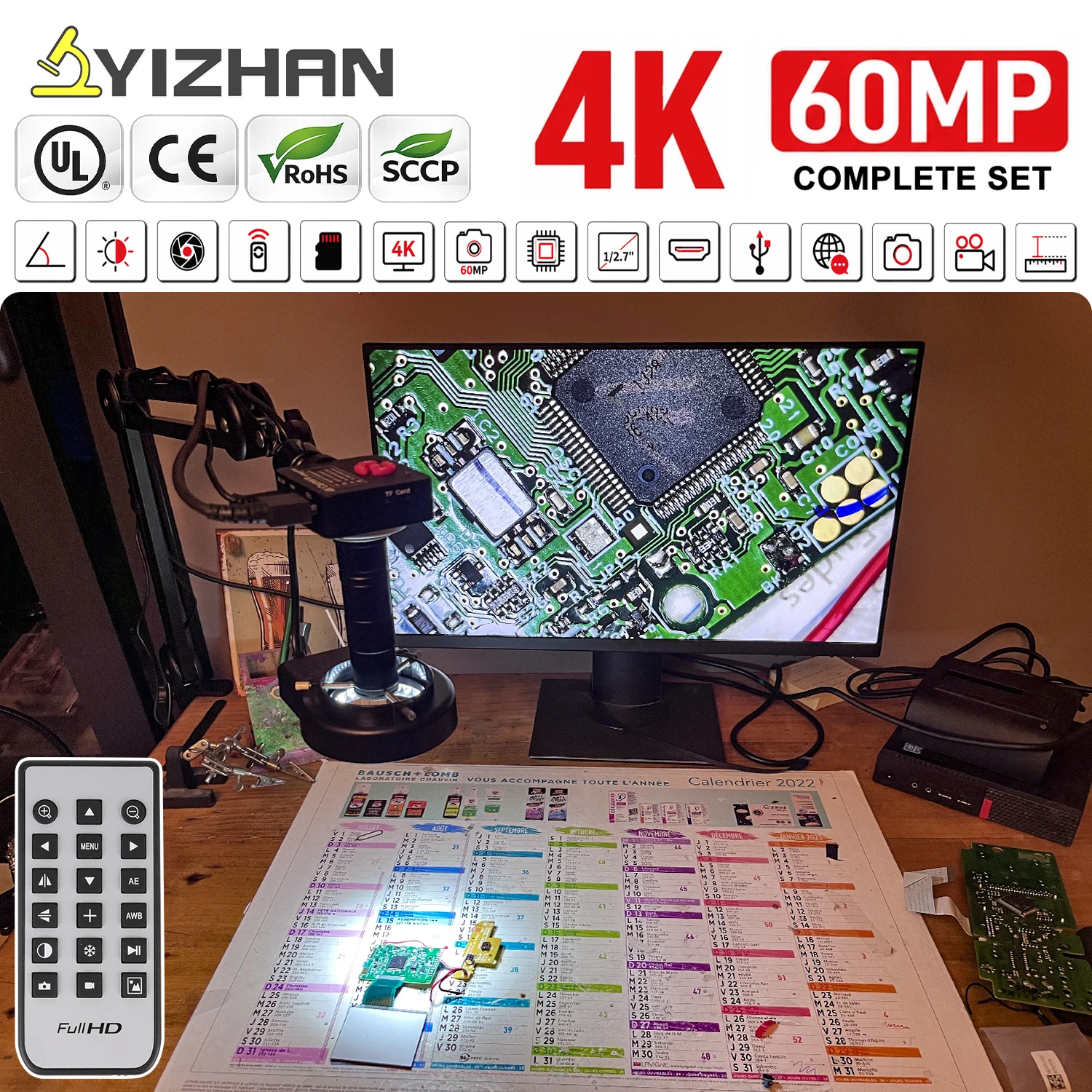 YIZHAN 60MP 48MP 4K Electronic Digital Microscope For Soldering 1080P HDMI VGA USB Industrial Camera 150xLens FoldBracket Remote
