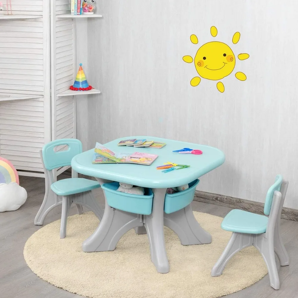 Kids Table and Chair Set, Plastic Children Activity Table and 2 Chair Set w/Storage Bins, 3 Piece Child Furniture Set