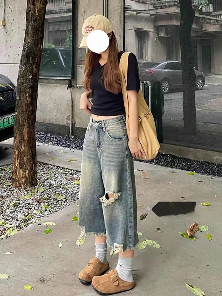 plus Size Vintage ort Jeans Women Loose Fit High Waist Distred Denim orts Autumn Winter Waed Wide Leg Straight Cut P...