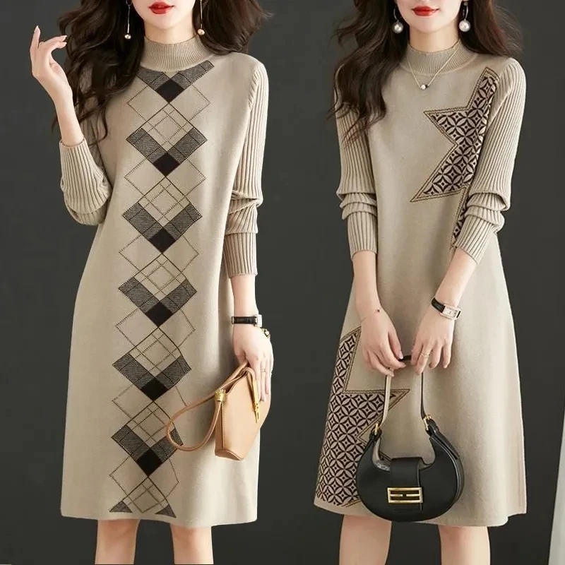 

2024 New ,Spring Autumn Half Turtleneck Knitted Dress ,For Women Clothing, Winter Large Size Mini Sweater Dress ,Jersey Dresses