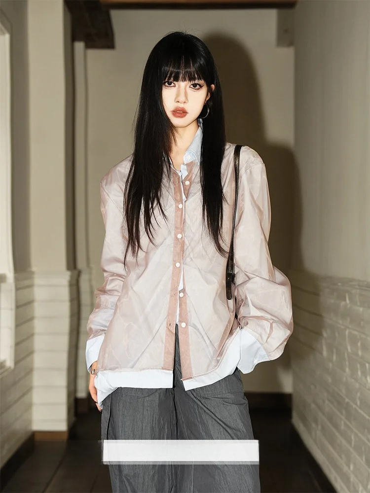 

Повседневная женская рубашка с длинным рукавом, весенний модный дизайн, топ с сетчатыми вставками, уникальная маленькая рубашка из хлопка