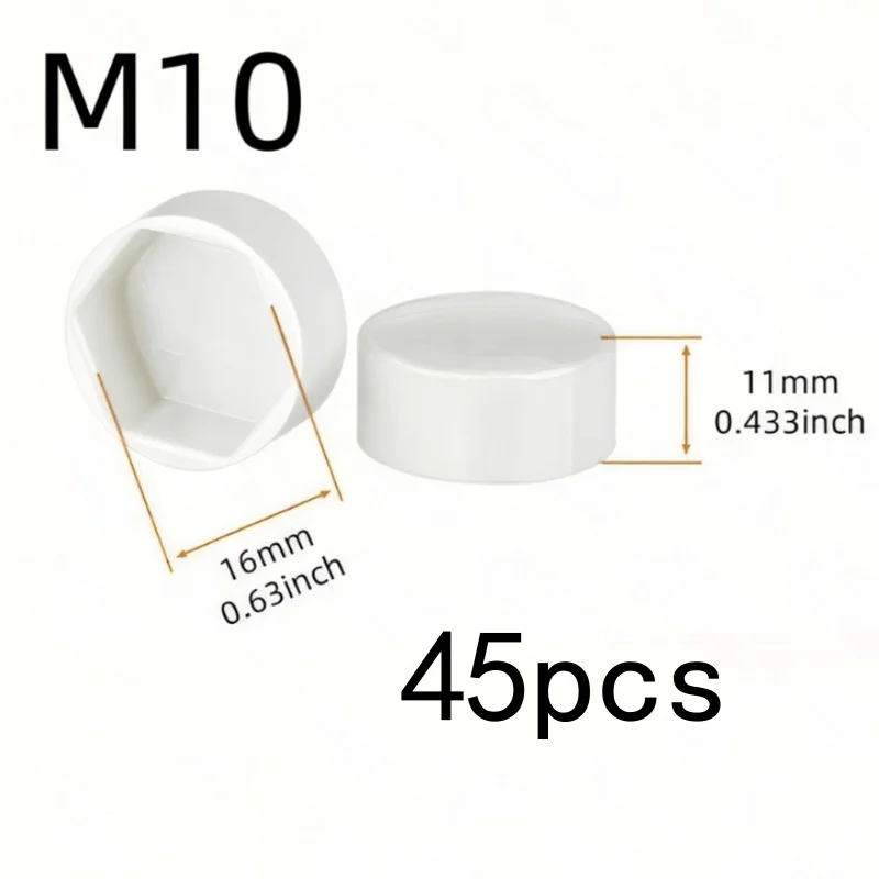 45Sets M10 White Hex Bolt Caps, Streamlined Design for Vehicles & Machinery